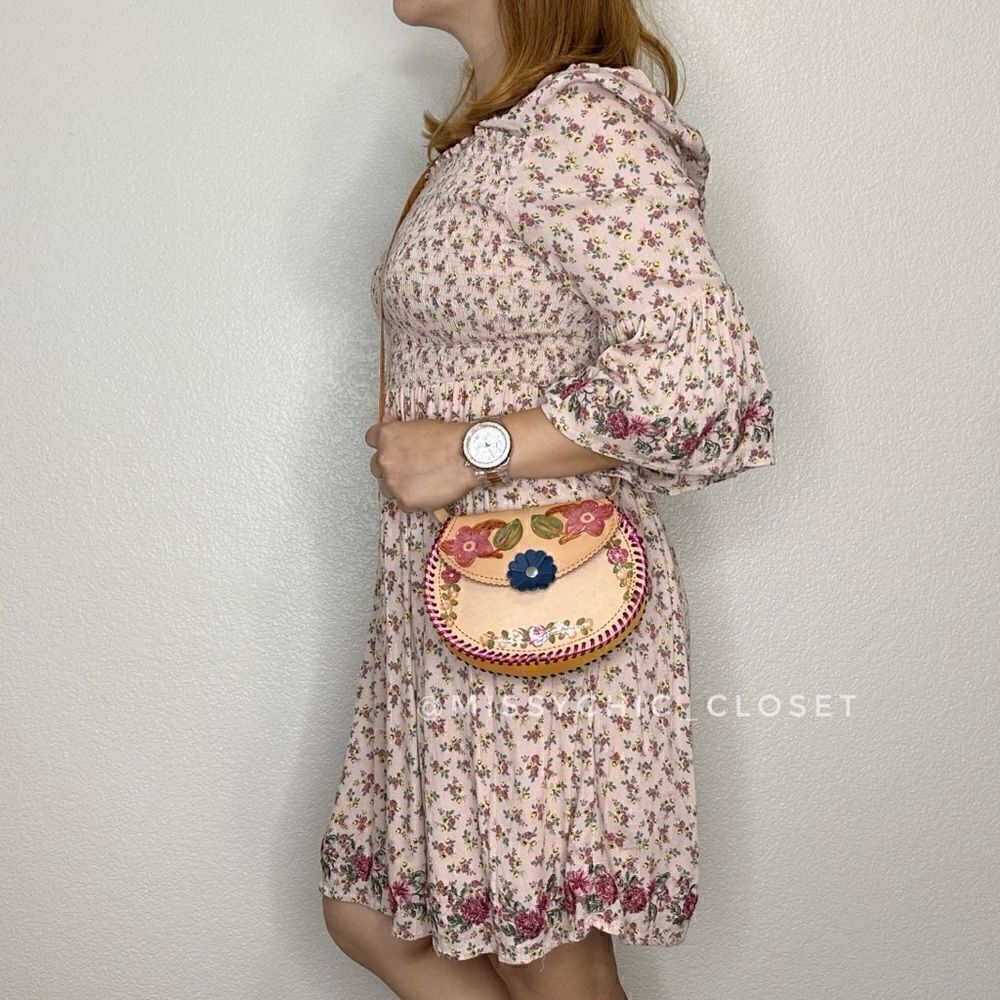 Handmade Boho Mexican Leather Floral Mini Crossbody Bag
